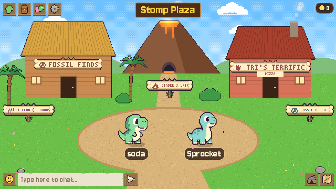 Two dinos hanging out in Stomp Plaza, a room in Club Dino.